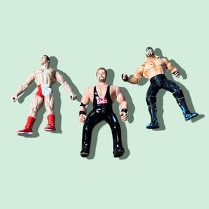 Set Of Three Vtg 90’s 2000 Wrestling Figures Hulk Hogan Kurt Angle Kevin Nash